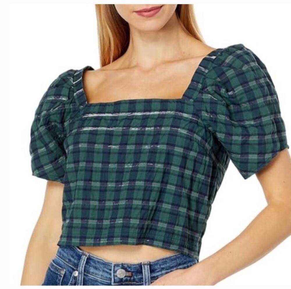 Madewell Hopewell puff sleeve Preppy Romantic Crop Top Green Plaid M